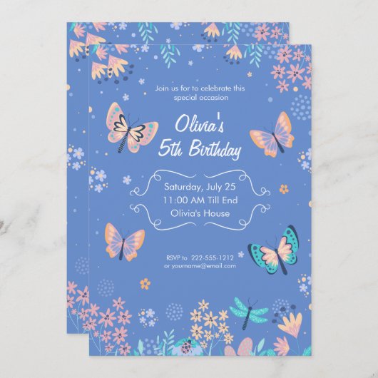 Invitation Bleu Et Papillon Rose Anniversaire, Papillon Paste (Devant / Derrière)