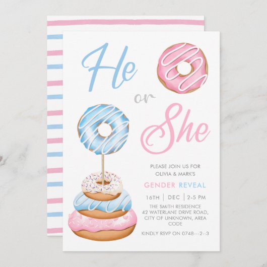 Invitation Bleu et rose beignets beignets Bébé Genre Révélati (Devant / Derrière)