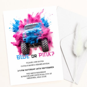 Invitation Bleu et rose Fumée Camion Voiture Bébé Genre Révél