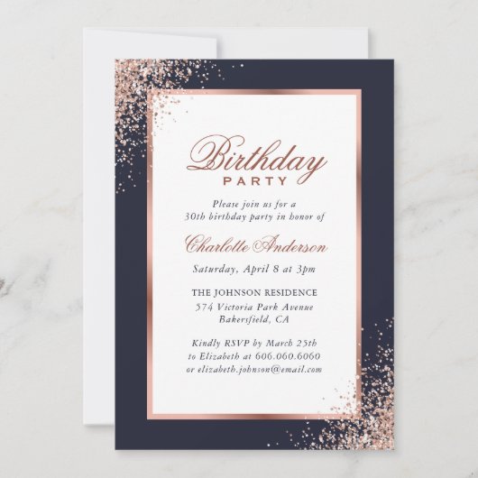 Invitation Bleu et Rose Gold Confetti fête d'anniversaire (Devant)