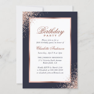 Invitation Bleu et Rose Gold Confetti fête d'anniversaire