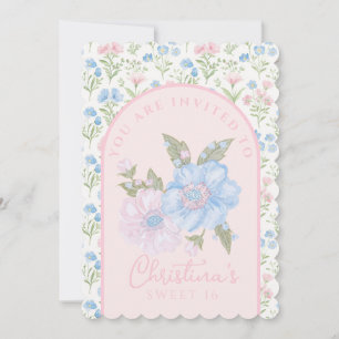 Invitation Bleu et rose Grandmillennial Floral Sweet 16