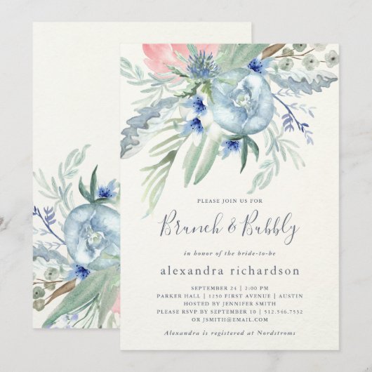 Invitation Bleu et rose Peony Bridal Brunch & Bubbly (Devant / Derrière)