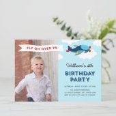Invitation Bleu et rouge Avion photo fête d'anniversaire (Debout devant)