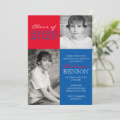 Invitation Bleu et Rouge Classic 2 Photo Graduation (Debout devant)