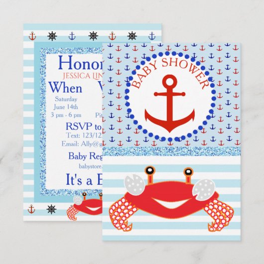 Invitation Bleu et rouge Crabe de plage Baby shower Invitatio (Devant / Derrière)