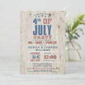 Invitation Bleu et rouge Étoiles et rayures rustiques | 4 JUI (Debout devant)