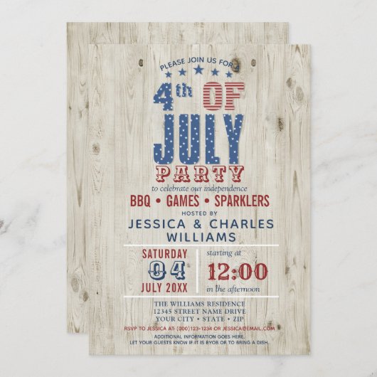 Invitation Bleu et rouge Étoiles et rayures rustiques | 4 JUI (Devant / Derrière)