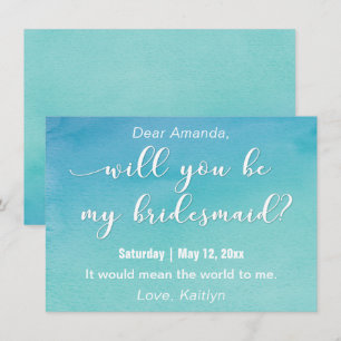 Invitation Bleu et sarcelle aquarelle Veux-tu être ma demoise