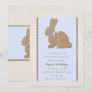 Invitation Bleu et Toile Rustique Lapin Pâques 1er Anniversai