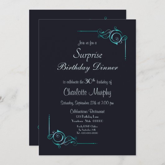 Invitation Bleu et Turquoise Surprise 30e anniversaire Dîner (Devant / Derrière)