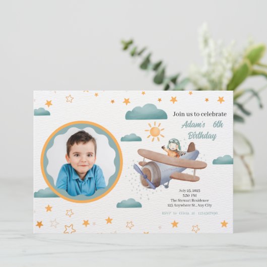 Invitation Bleu et vert Aquarelle d'avion (Debout devant)