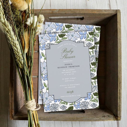 Invitation Bleu et vert bloc floral Imprimer Baby shower garç