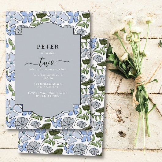 Invitation Bleu et vert Floral Block Imprimer Garçon Annivers
