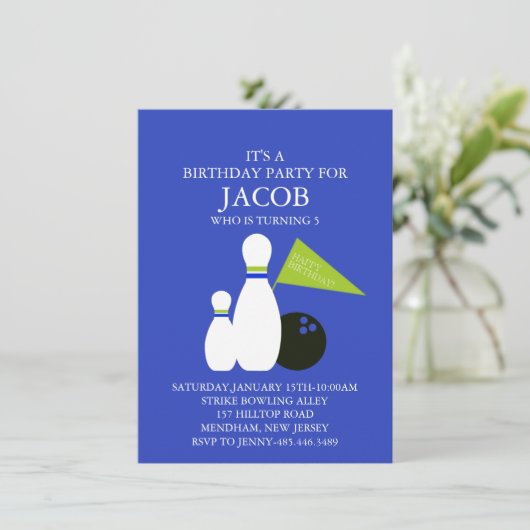 Invitation Bleu et vert Jeu de Bowling pour enfants Invitatio (Debout devant)