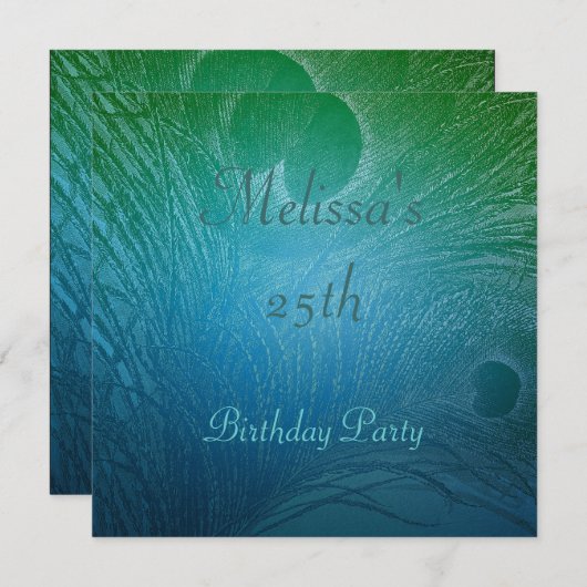 Invitation Bleu et vert Peacock Feather Anniversaire (Devant / Derrière)