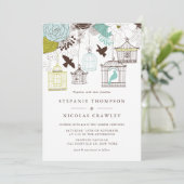 Invitation Bleu et vert Vintage Birdcages Floral Mariage (Debout devant)