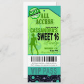 Invitation Bleu et vert VIP Sweet 16 Ticket Party (Devant / Derrière)