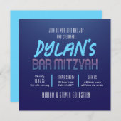 Invitation Bleu et violet Neon Bat Bar Mitzvah Party (Devant / Derrière)