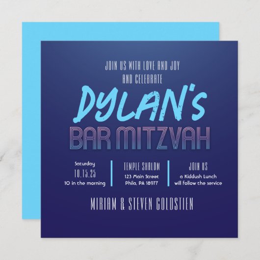 Invitation Bleu et violet Neon Bat Bar Mitzvah Party (Devant / Derrière)