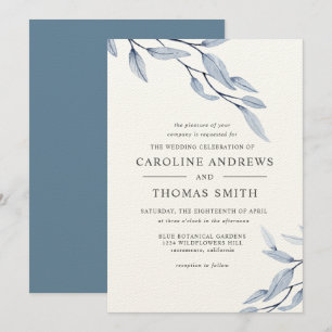 Invitation Bleu éthérée Élégant mariage Feuille botanique