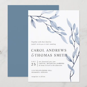 Invitation Bleu éthérée mariage botanique vertical Feuille