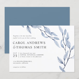 Invitation Bleu éthérée   mariage Feuille chic