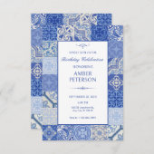 Invitation Bleu ethnique Boho Carreaux méditerranéens anniver (Devant / Derrière)