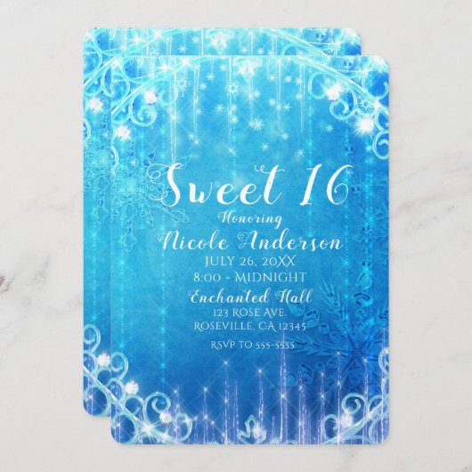 Invitation Bleu étincelant Gelée Gelée Douce 16 Anniversaire (Devant / Derrière)