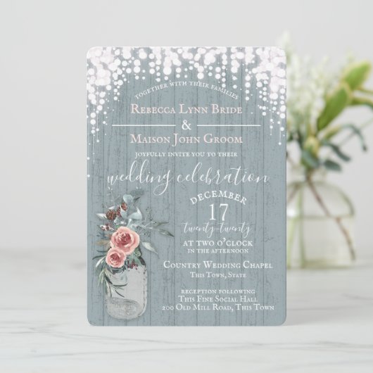 Invitation Bleu étincelle et jarre de fleurs Mariage rustique (Debout devant)