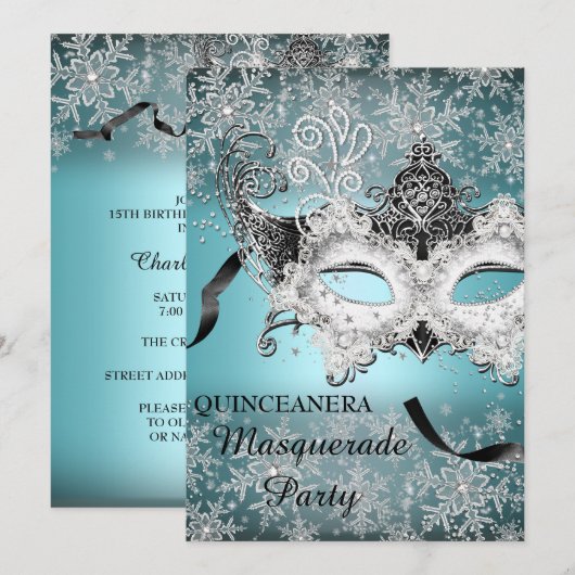 Invitation Bleu étincelle Masquerade Quinceanera (Devant / Derrière)