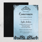 Invitation Bleu étincelle Tiara Damask Quinceanera (Devant / Derrière)