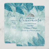 Invitation Bleu feuille tropical tiara Quinceañera (Devant / Derrière)