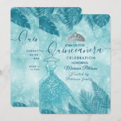 Invitation Bleu feuille tropical tiara Quinceañera (Devant / Derrière)