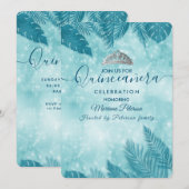 Invitation Bleu feuille tropical tiara Quinceañera Invit (Devant / Derrière)