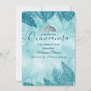Invitation Bleu feuille tropical tiara Quinceañera Invit