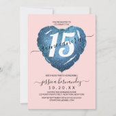 Invitation Bleu Fille Parties scintillant Coeur Balloon Quinc (Devant)