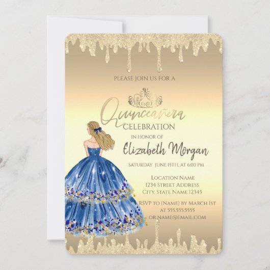 Invitation Bleu fille, Tiara, Parties scintillant gouttes or  (Devant)