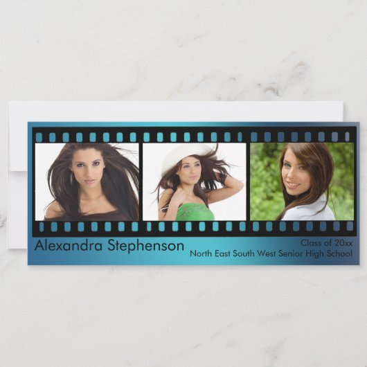 Invitation Bleu Filmstrip Graduation 3-Photo (Devant)