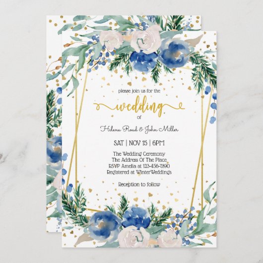 Invitation Bleu Fleur Bleu magnifique Enchanted Couple Mariag (Devant / Derrière)