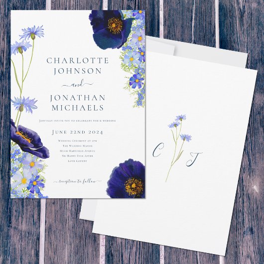 Invitation Bleu fleur sauvage Rustique