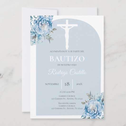 Invitation Bleu fleuri garçon baptême espagnol (Devant)