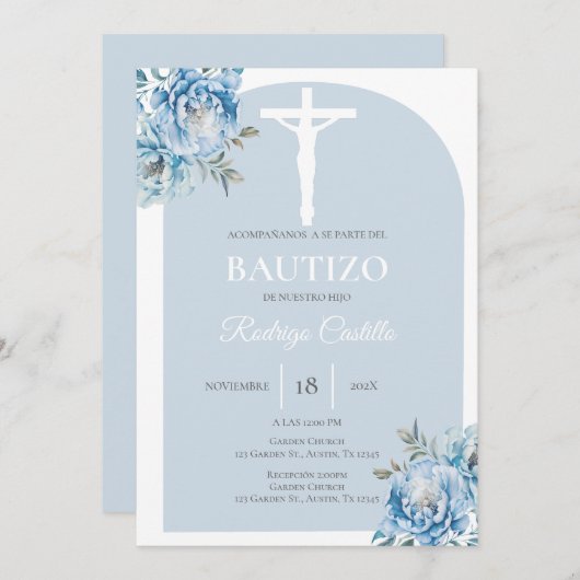 Invitation Bleu fleuri garçon baptême espagnol (Devant / Derrière)