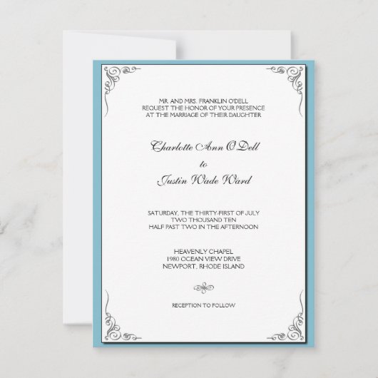 Invitation bleu fleuri;mariage marriage marriages (Devant)