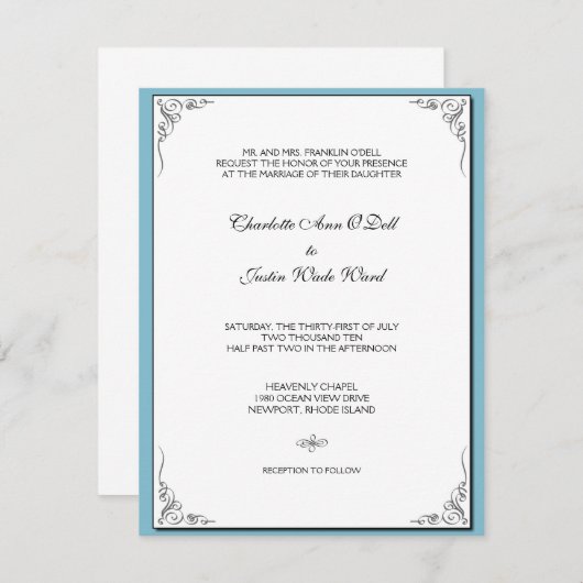 Invitation bleu fleuri;mariage marriage marriages (Devant / Derrière)