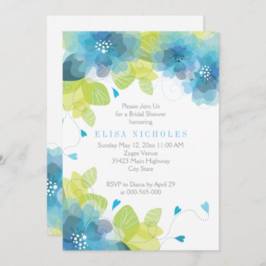 Invitation Bleu fleurs fleurie mariage douche nuptiale (Devant / Derrière)