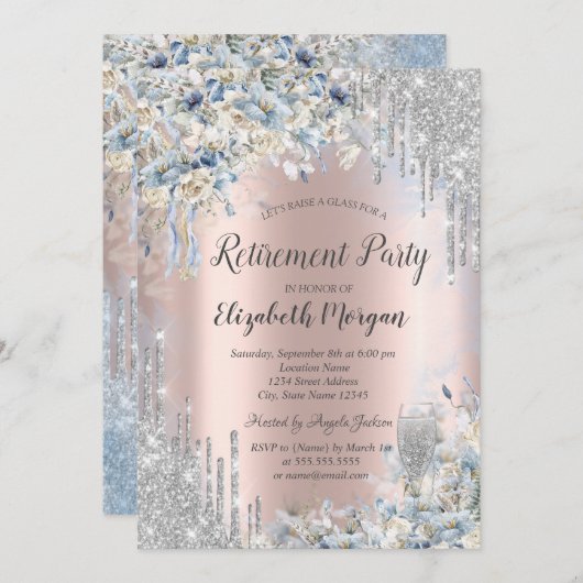 Invitation Bleu Fleurs Parties scintillant argent Départ (Devant / Derrière)
