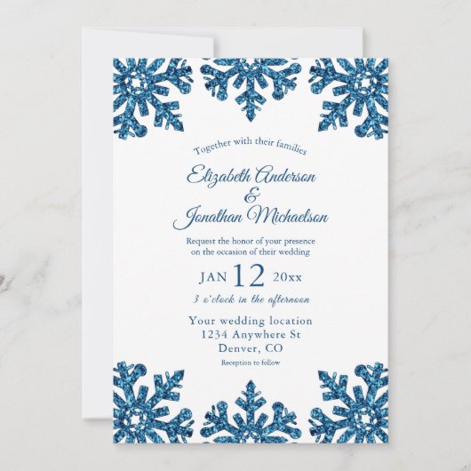 Invitation Bleu Flocon de neige Mariage d'hiver (Devant)