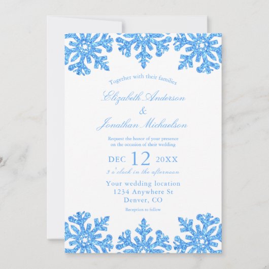 Invitation Bleu Flocon de neige Mariage d'hiver (Devant)
