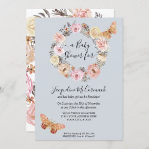 Invitation Bleu Floral Aquarelle couronne Papillon Bébé Fille